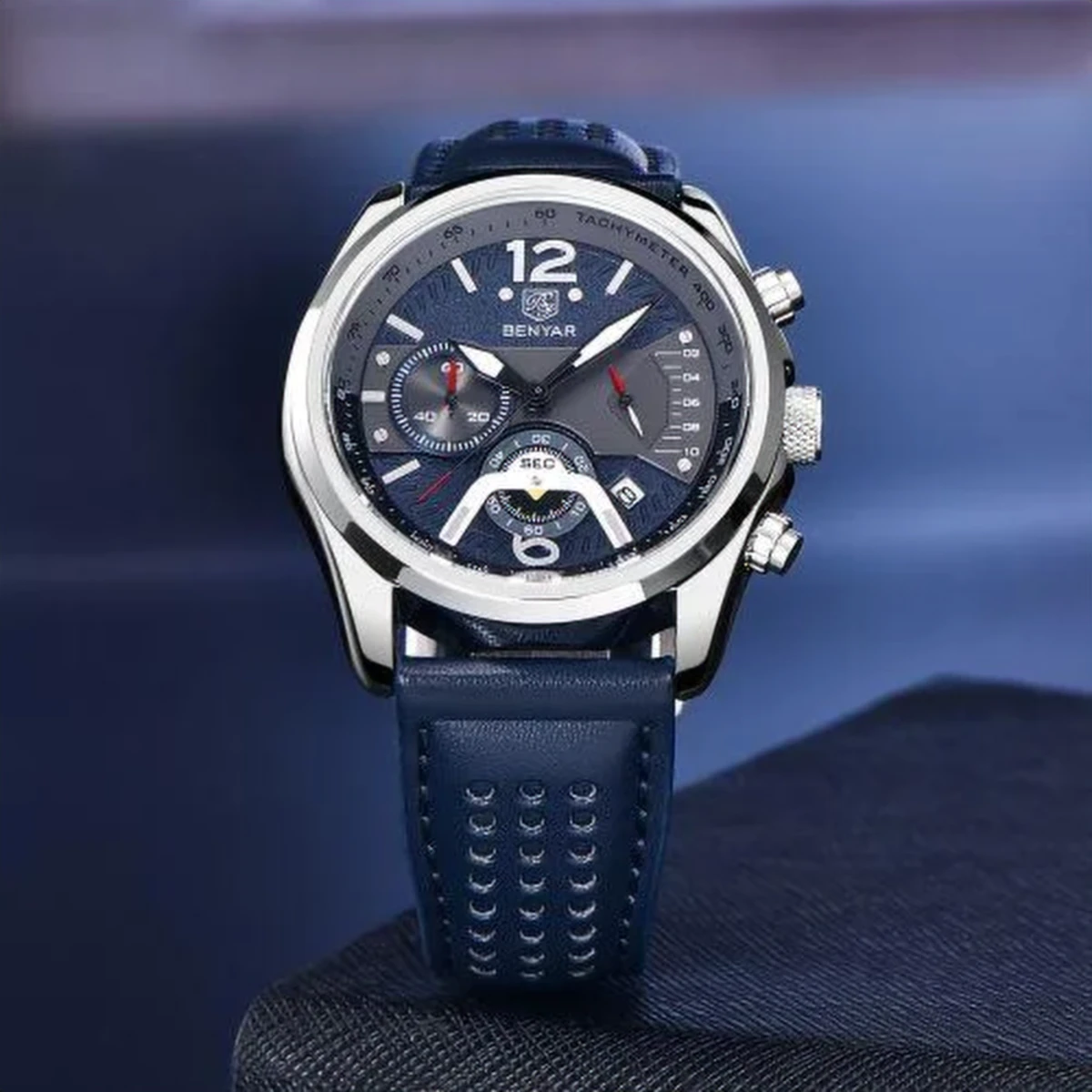 rewak-hd-6329 Montre Homme BENYAR 5272 Multifonction – Cadran Bleu, Bracelet Perforé Bleu