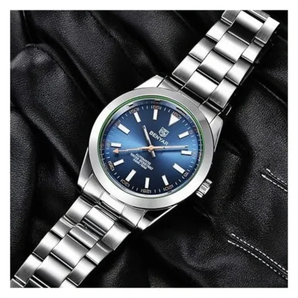 Montre Homme BENYAR Automatique – Cadran Bleu Soleillé, Bracelet Acier