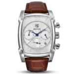 Montre Homme BENYAR 5113 Chronographe – Boîtier Tonneau Argenté, Cadran Blanc, Cuir Marron