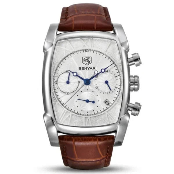 Montre Homme BENYAR 5113 Chronographe – Boîtier Tonneau Argenté, Cadran Blanc, Cuir Marron