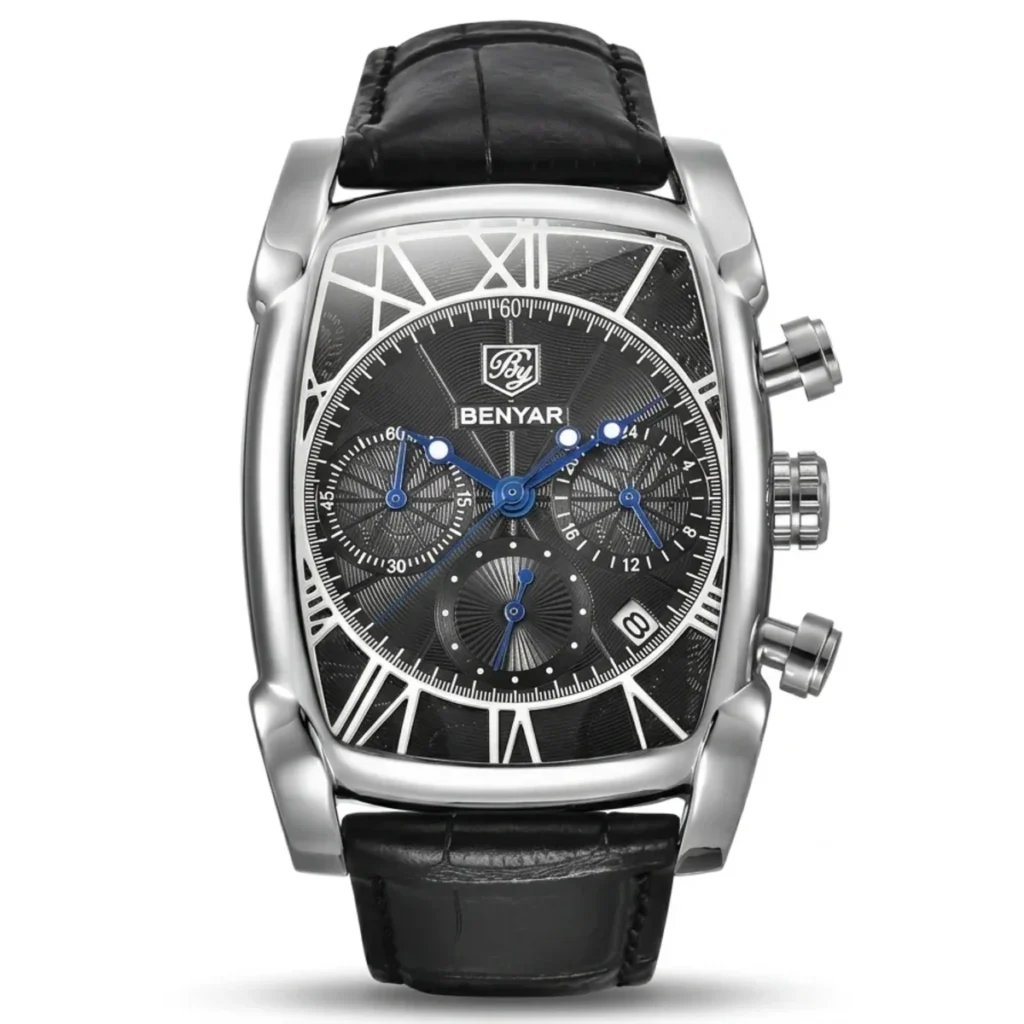Montre Homme BENYAR 5113 Chronographe – Boîtier Tonneau Argenté, Cadran Noir, Cuir Noir