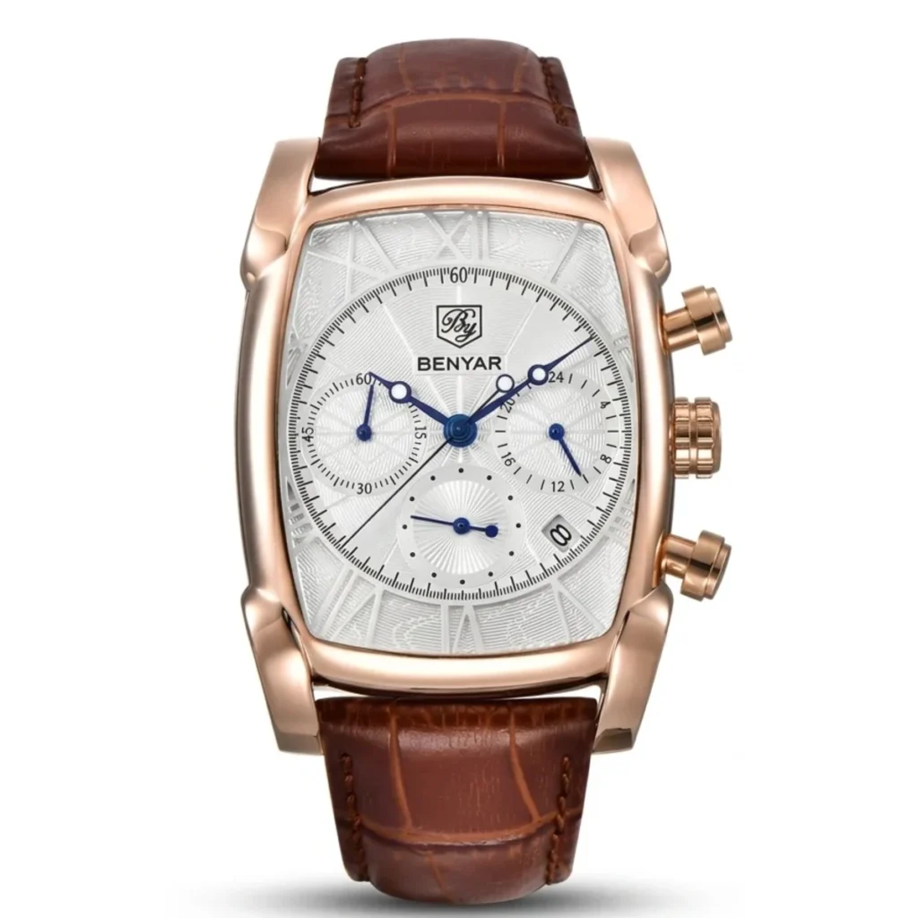 Montre Homme BENYAR 5113 Chronographe – Boîtier Tonneau Or Rose, Cadran Blanc, Cuir Marron
