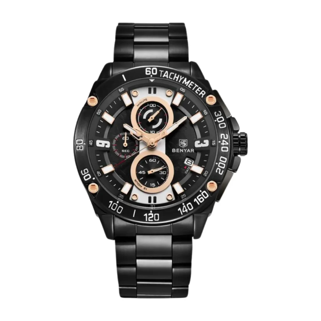 Montre Homme BENYAR 5148 Chronographe – Acier Noir et Or Rose