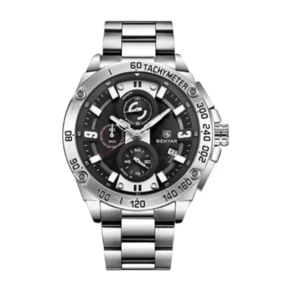 Montre Homme BENYAR 5148 Chronographe – Cadran Noir, Acier Argenté