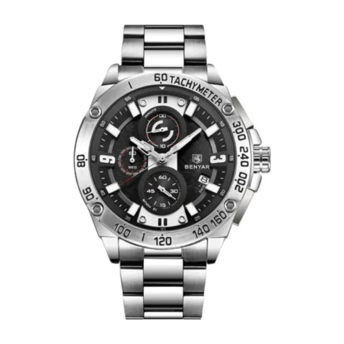 rewak-hd-6379 Montre Homme BENYAR 5148 Chronographe – Cadran Noir, Acier Argenté