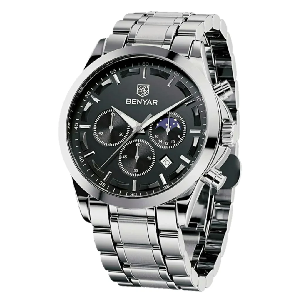 Montre Homme BENYAR 5160 Chronographe – Cadran Noir, Acier Argenté