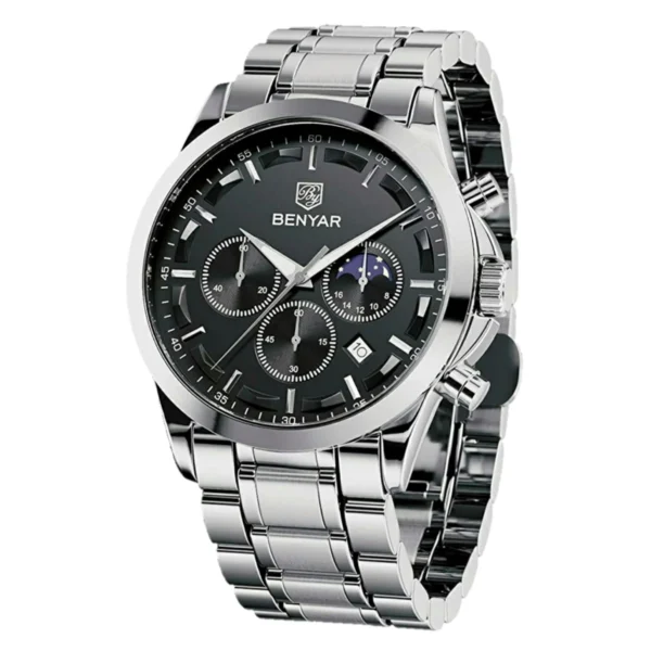 Montre Homme BENYAR 5160 Chronographe – Cadran Noir, Acier Argenté