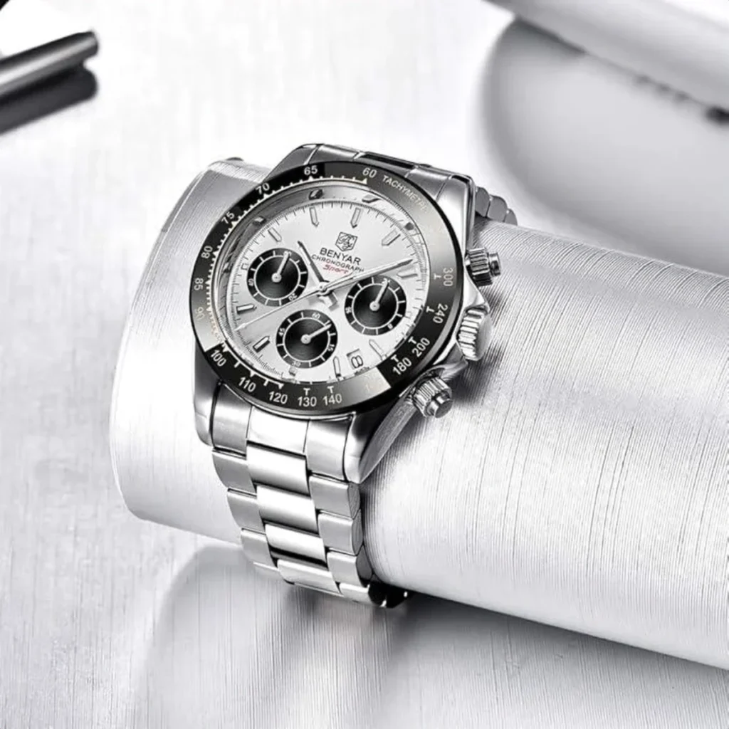 Montre Homme BENYAR 5169 Chronographe – Cadran Blanc Panda, Lunette Noire, Acier