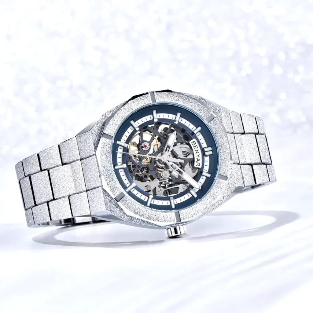 Montre Homme BENYAR 5212 Automatique Squelette – Argenté et Bleu, 41 mm