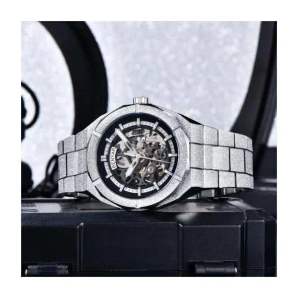 Montre Homme BENYAR 5212 Automatique Squelette – Argenté et Noir, 41 mm