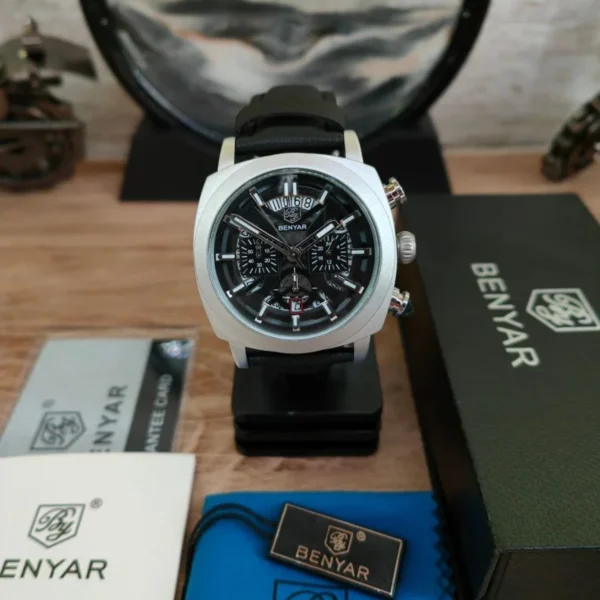 Montre Homme BENYAR 5205 Chronographe 43 mm – Cadran Noir, Boîtier Argenté, Cuir Noir