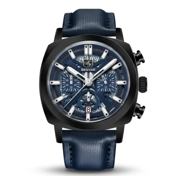 Montre Homme BENYAR 5205 Chronographe 43 mm – Boîtier Noir, Cadran Bleu