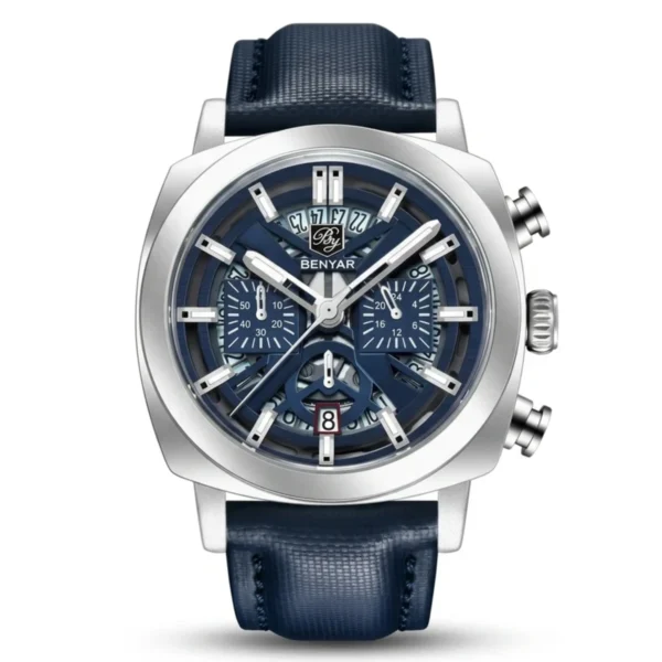 Montre Homme BENYAR 5205 Chronographe 43 mm – Cadran Bleu, Boîtier Argenté, Bracelet Bleu