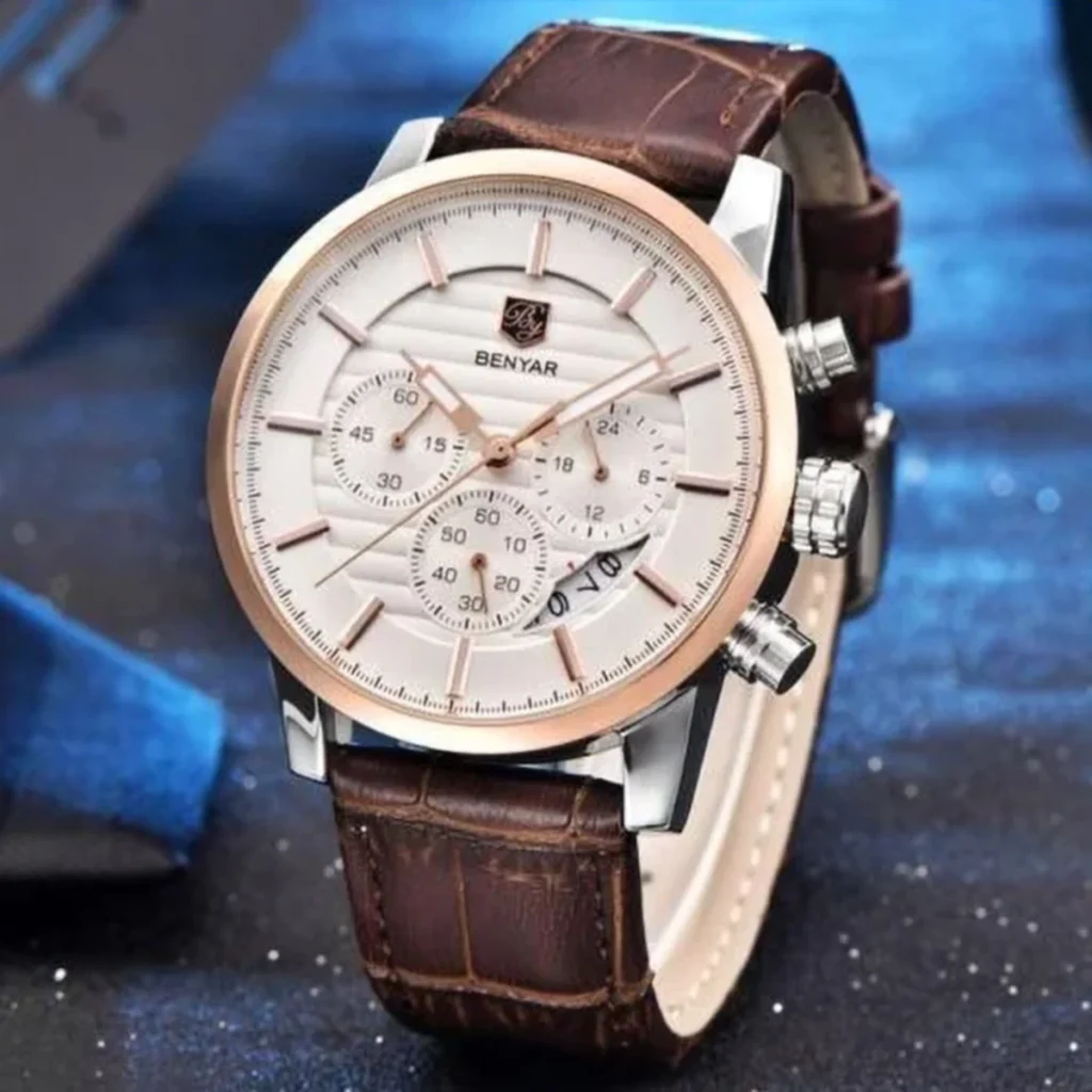 Montre Homme BENYAR 51004 Chronographe – Cadran Blanc, Or Rose, Cuir Marron