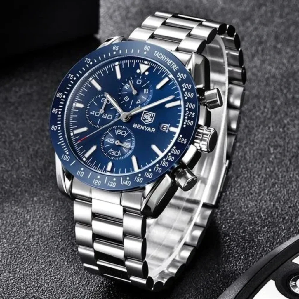 Montre Homme BENYAR 51040 Chronographe – Cadran et Lunette Bleus, Acier
