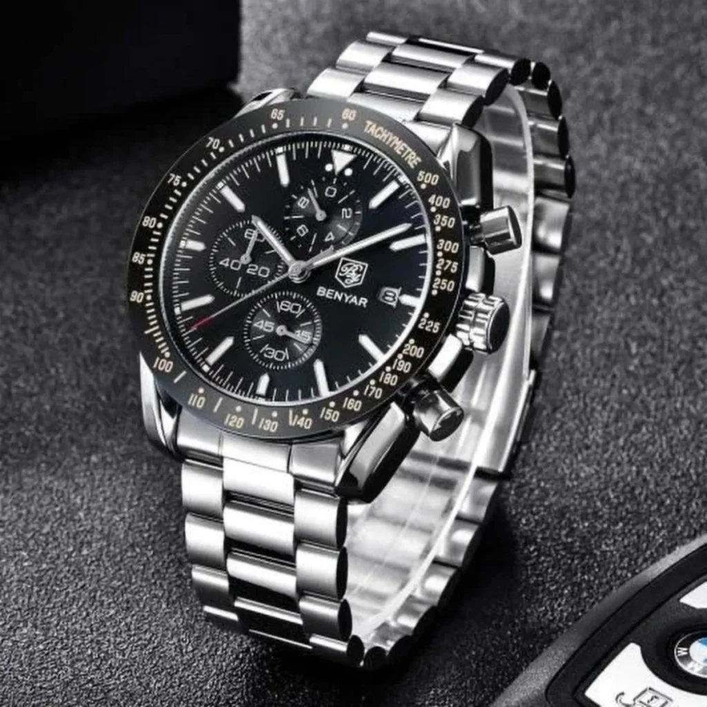 Montre Homme BENYAR 51040 Chronographe – Cadran et Lunette Noirs, Acier