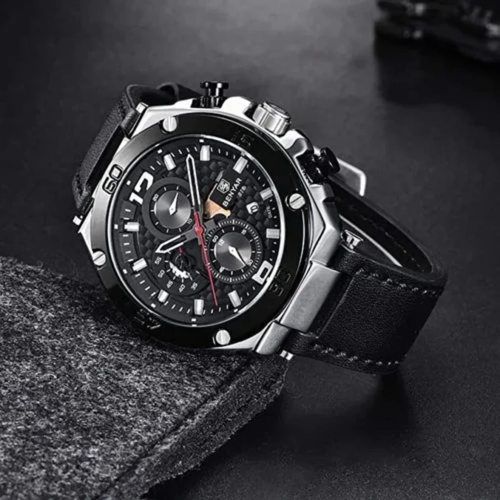 Montre Homme BENYAR 5151 – Cadran Noir, Boîtier Argenté, Cuir Noir