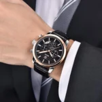 Montre Homme BENYAR 5104 Chronographe – Cadran Noir, Boîtier Or Rose, Cuir Noir