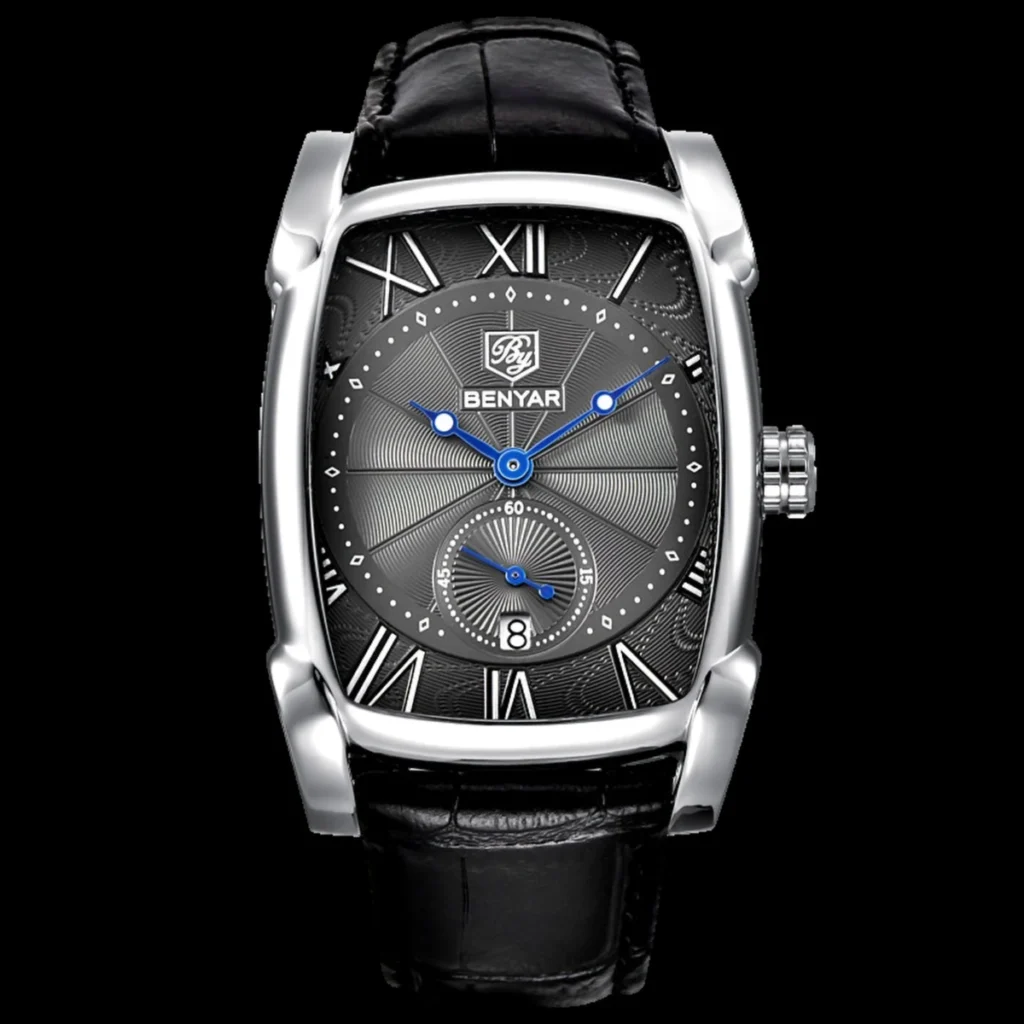 Montre Homme BENYAR 5114 – Boîtier Tonneau Argenté, Cadran Noir, Cuir Noir