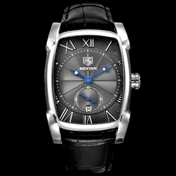 Montre Homme BENYAR 5114 – Boîtier Tonneau Argenté, Cadran Noir, Cuir Noir