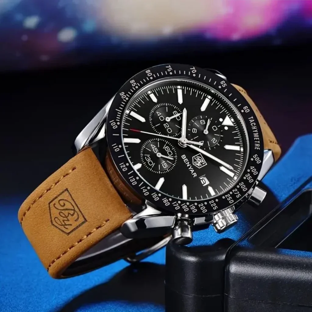 Montre Homme BENYAR 5140 Chronographe – Cadran Noir, Boîtier Argenté, Cuir Camel