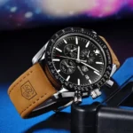 Montre Homme BENYAR 5140 Chronographe – Cadran Noir, Boîtier Argenté, Cuir Camel