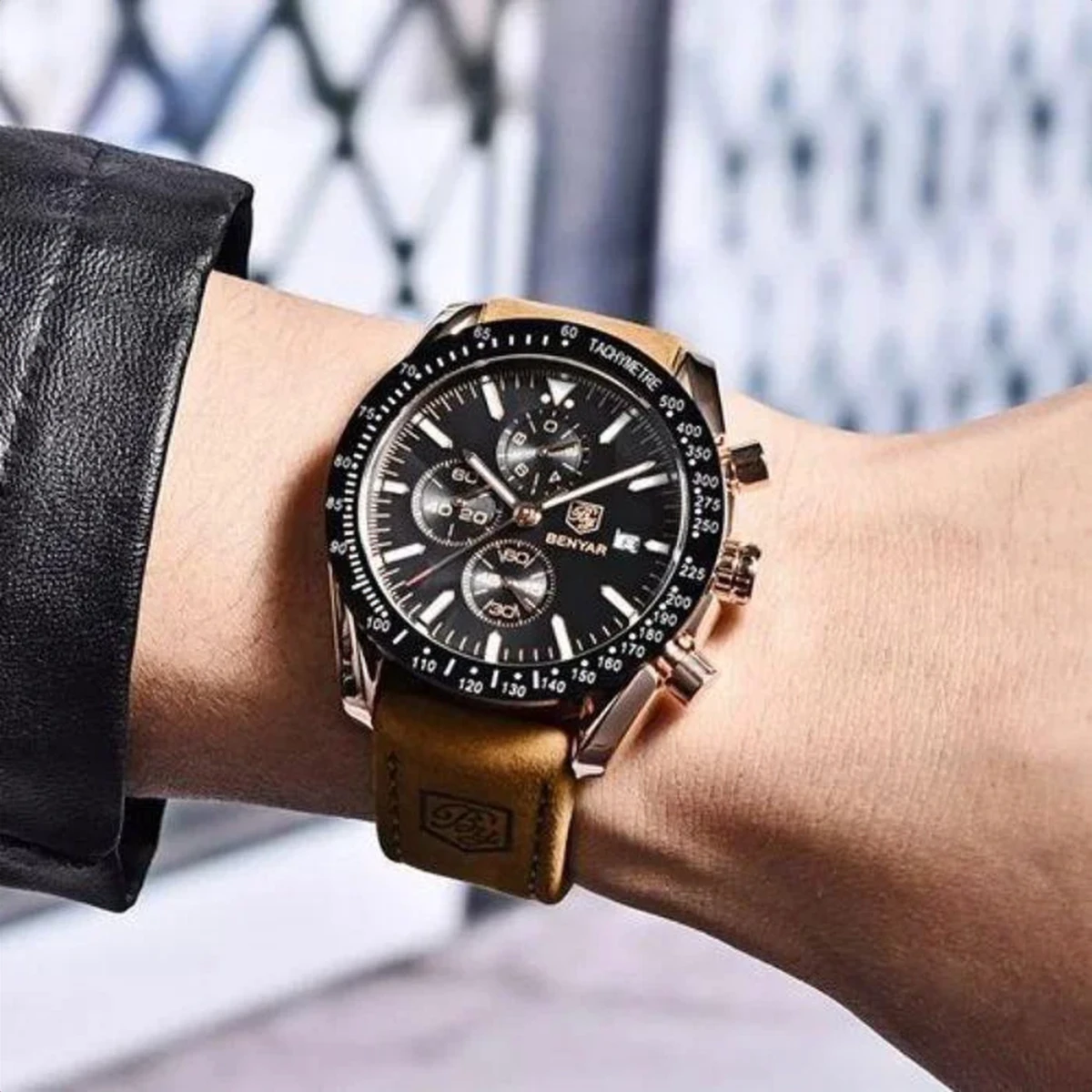 rewak-hd-6646 Montre Homme BENYAR 5140 Chronographe – Cadran Noir, Or Rose, Cuir Camel