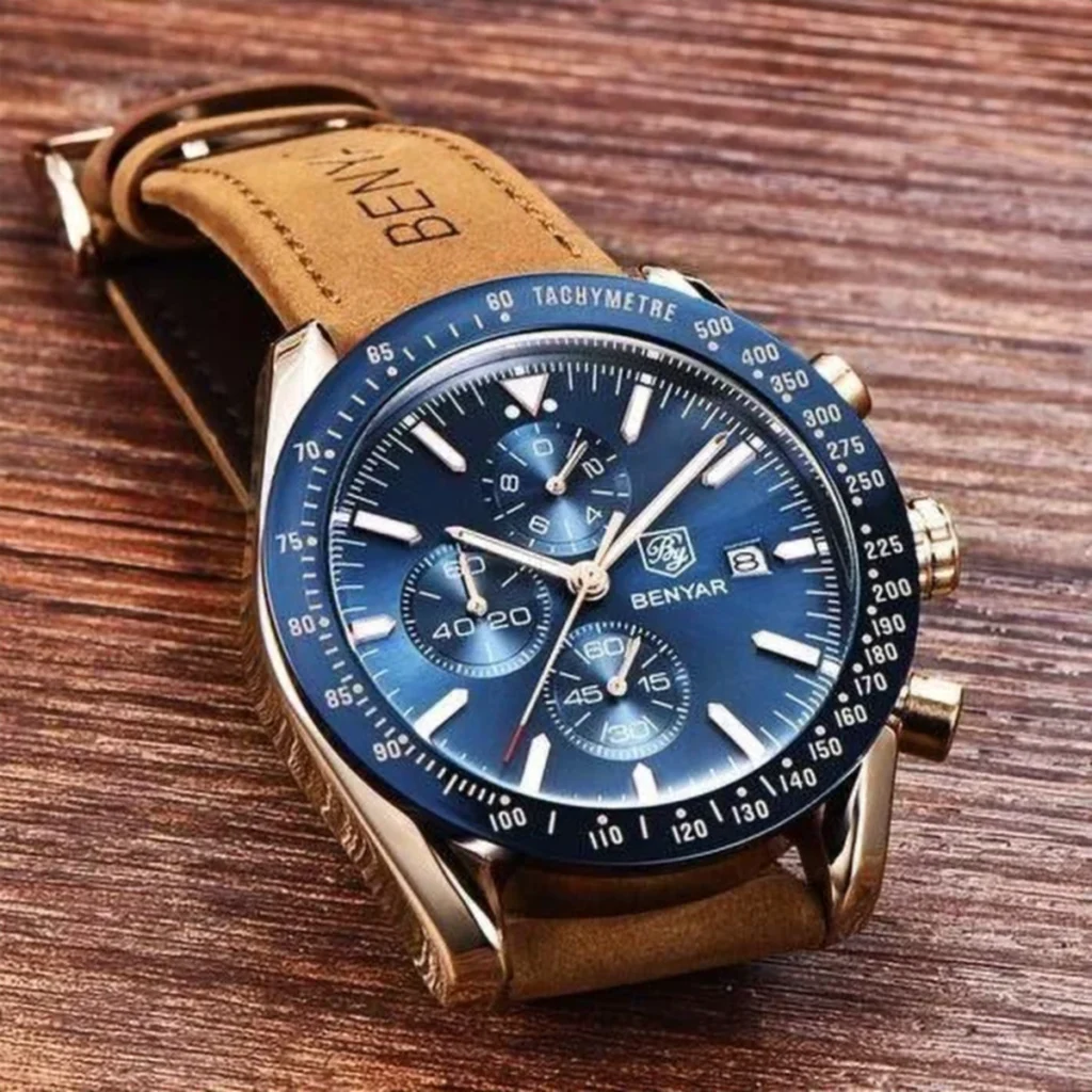 Montre Homme BENYAR 5140 Chronographe – Cadran Bleu, Boîtier Or Rose, Cuir Camel