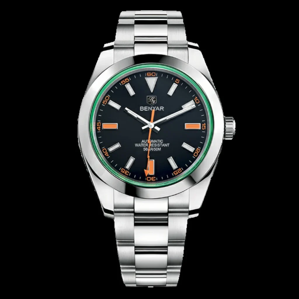 Montre Homme BENYAR 5176 Automatique – Cadran Noir, Verre Vert, Acier