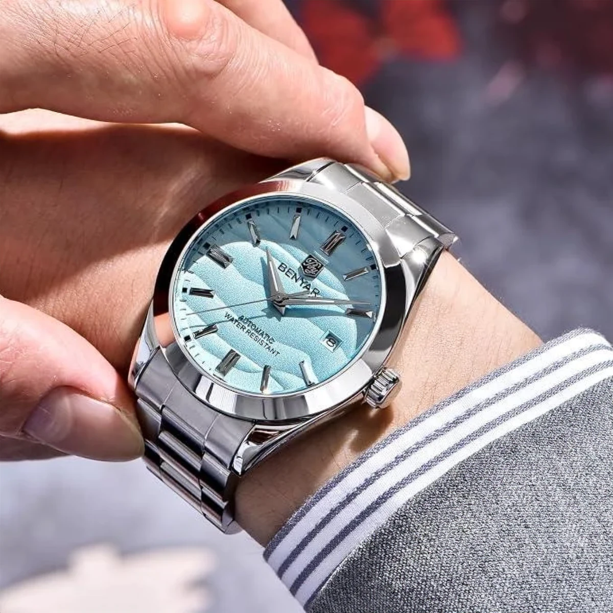 rewak-hd-6690 Montre Homme BENYAR 5208 Automatique – Cadran Bleu Ciel, Acier, 10 ATM