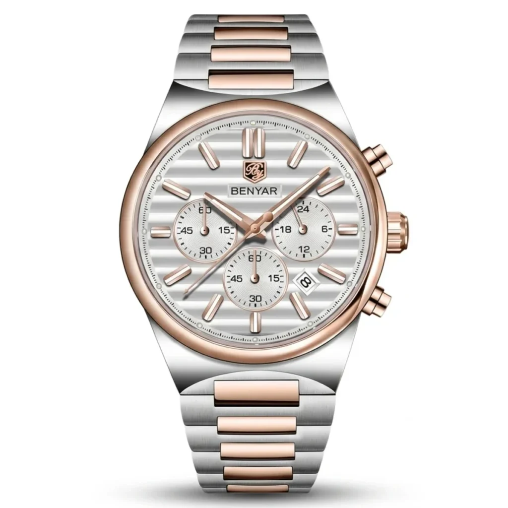 Montre Homme BENYAR 5214 Chronographe – Bicolore Argent et Or Rose, Cadran Argenté