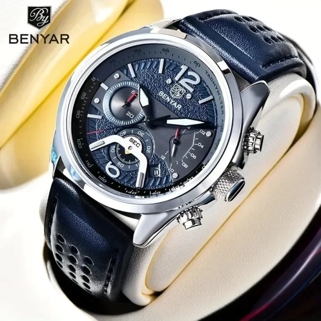 Montre Homme BENYAR 51071 Multifonction – Cadran Bleu, Cuir Bleu