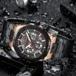 Montre Homme BENYAR Chronographe – Cadran Noir, Boîtier Or Rose, Acier Noir