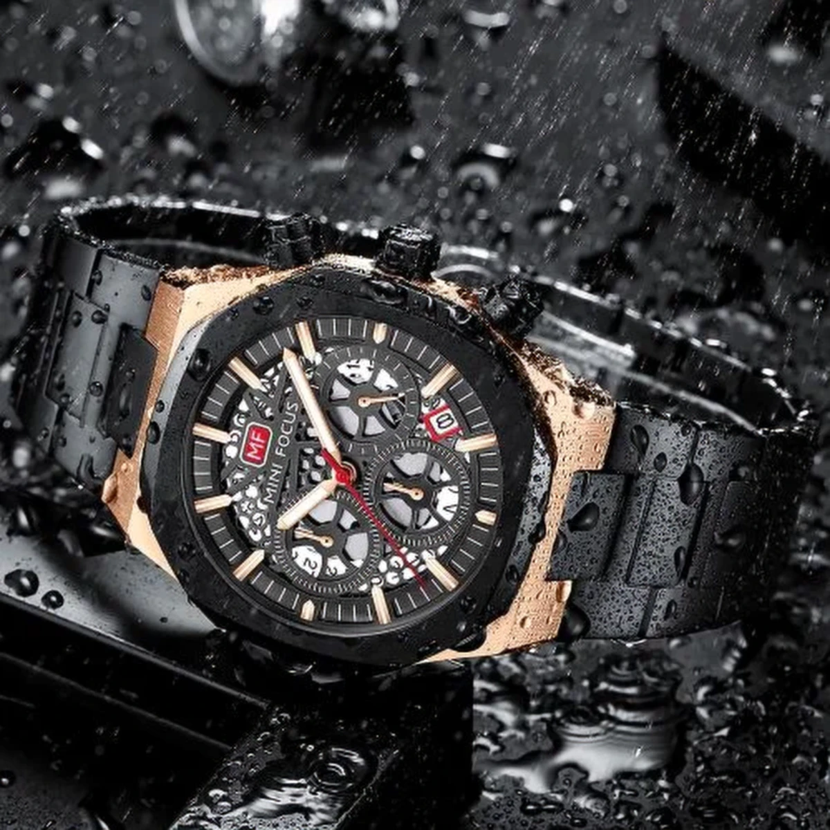 rewak-hd-6736 Montre Homme BENYAR Chronographe – Cadran Noir, Boîtier Or Rose, Acier Noir
