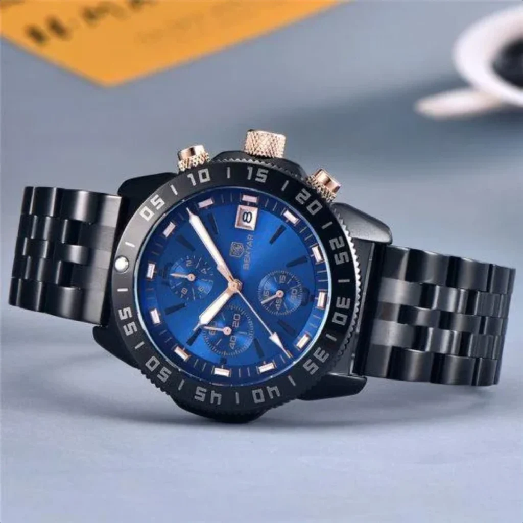 Montre Homme BENYAR 51098 Chronographe – Acier Noir, Cadran Bleu et Accents Or Rose