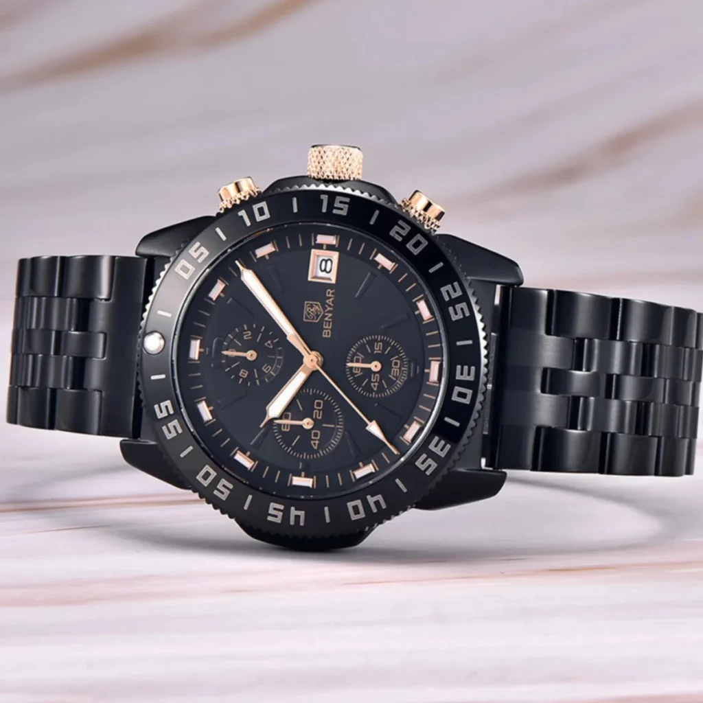 Montre Homme BENYAR 51098 Chronographe – Tout Noir, Accents Or Rose