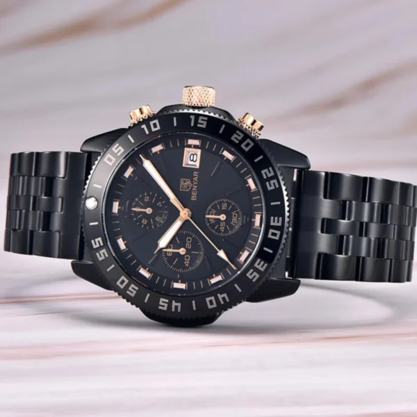 Montre Homme BENYAR 51098 Chronographe – Tout Noir, Accents Or Rose