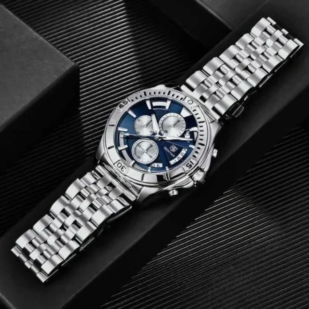 Montre Homme BENYAR 51080 Chronographe – Cadran Bleu à Compteurs Blancs, Acier