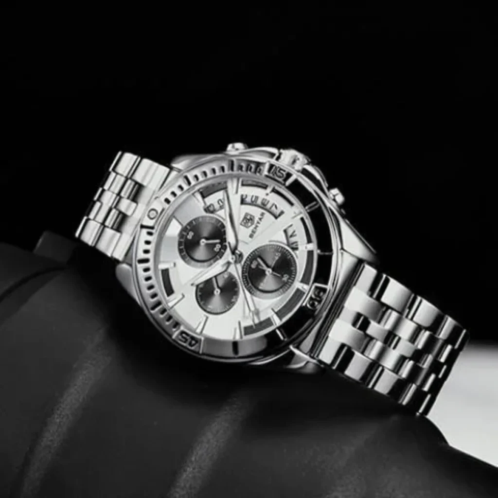 Montre Homme BENYAR 51080 Chronographe – Cadran Blanc, Bracelet Acier