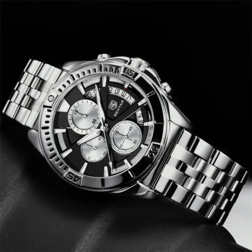 Montre Homme BENYAR 51080 Chronographe – Cadran Noir à Compteurs Argentés, Acier
