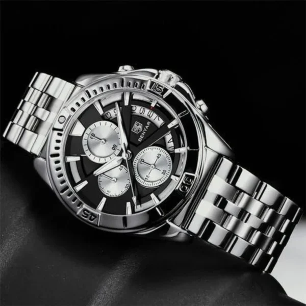 Montre Homme BENYAR 51080 Chronographe – Cadran Noir à Compteurs Argentés, Acier