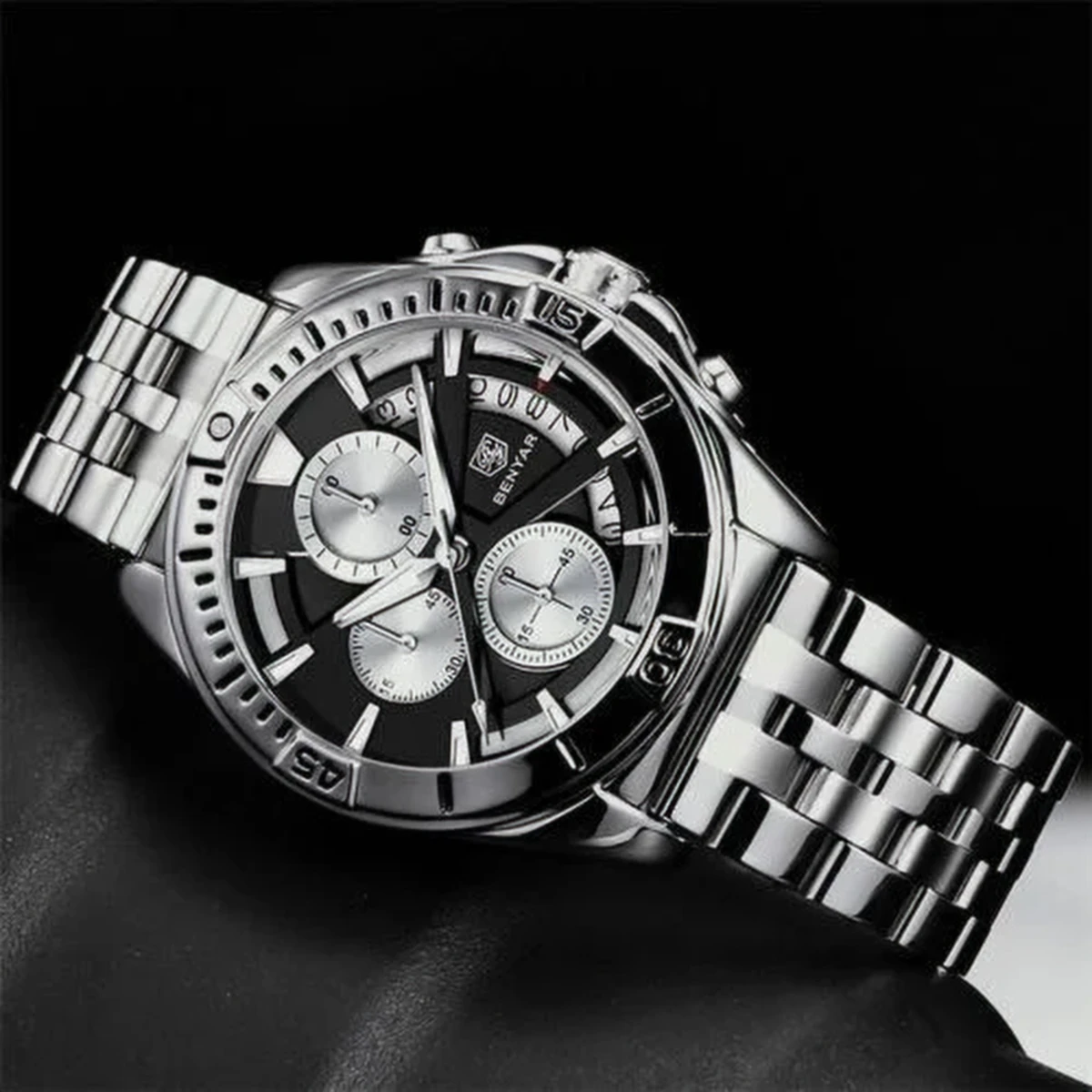 rewak-hd-6776 Montre Homme BENYAR 51080 Chronographe – Cadran Noir à Compteurs Argentés, Acier
