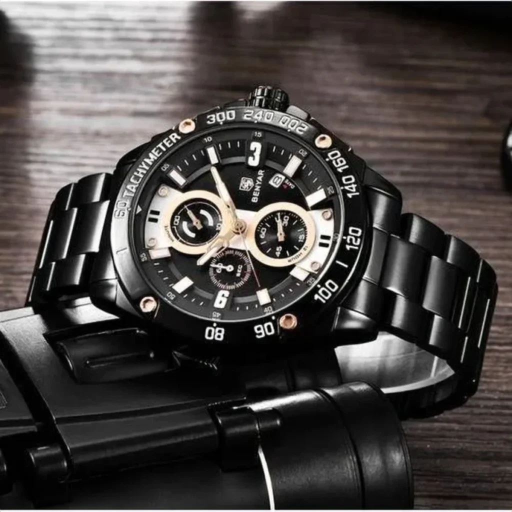 Montre Homme BENYAR 51048 Chronographe – Acier Noir, Compteurs Or Rose