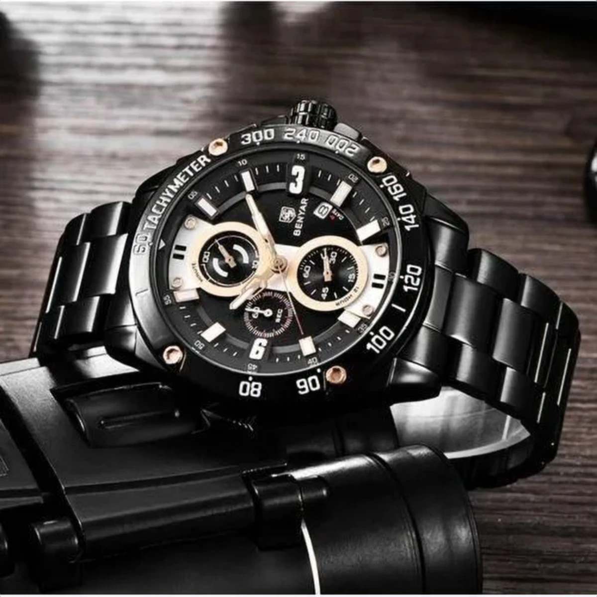 rewak-hd-6782 Montre Homme BENYAR 51048 Chronographe – Acier Noir, Compteurs Or Rose