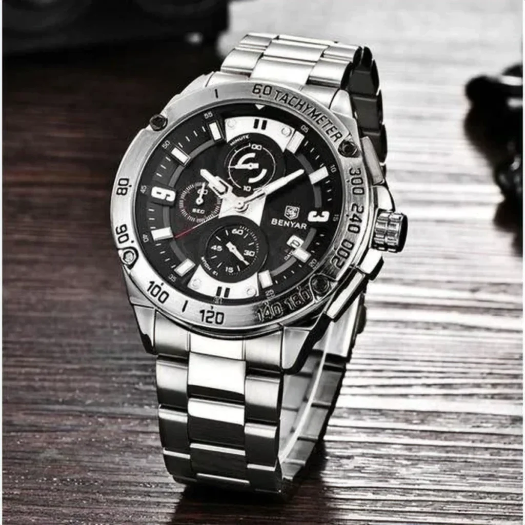 Montre Homme BENYAR 51048 Chronographe – Cadran Noir, Lunette Tachymètre, Acier