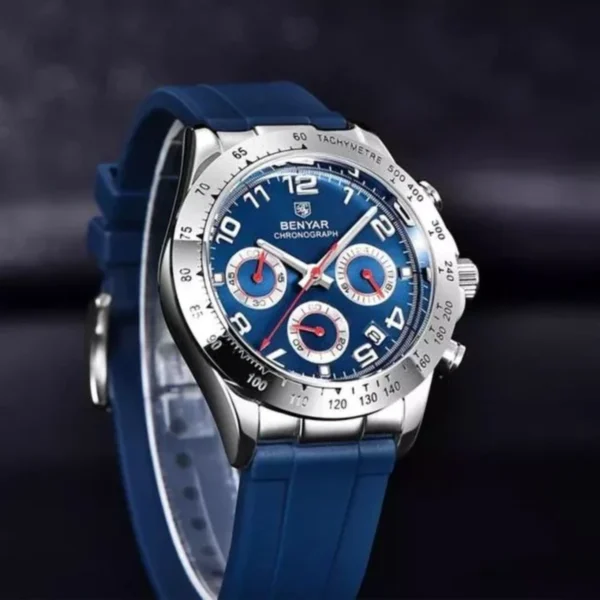 Montre Homme BENYAR 51092 Chronographe – Cadran Bleu, Boîtier Argenté, Bracelet Bleu
