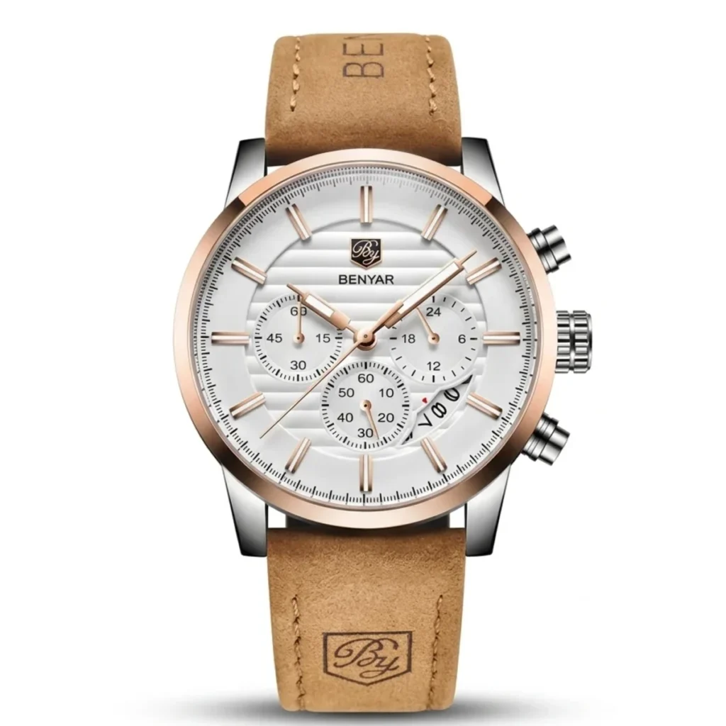 Montre Homme BENYAR 5104 Chronographe – Cadran Blanc, Or Rose, Cuir Camel