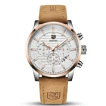 Montre Homme BENYAR 5104 Chronographe – Cadran Blanc, Or Rose, Cuir Camel