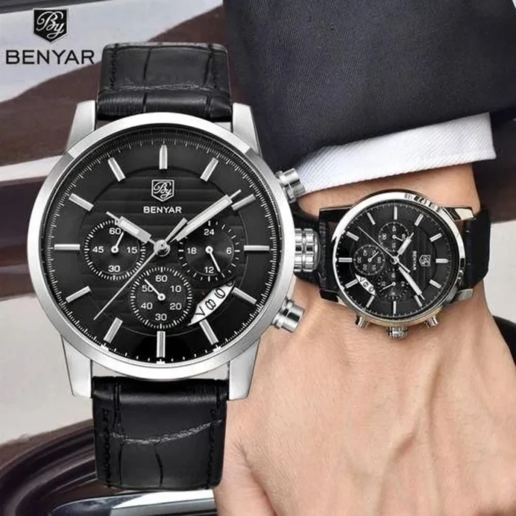 Montre Homme BENYAR 5104 Chronographe – Cadran Noir, Boîtier Argenté, Cuir Noir