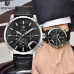 Montre Homme BENYAR 5104 Chronographe – Cadran Noir, Boîtier Argenté, Cuir Noir